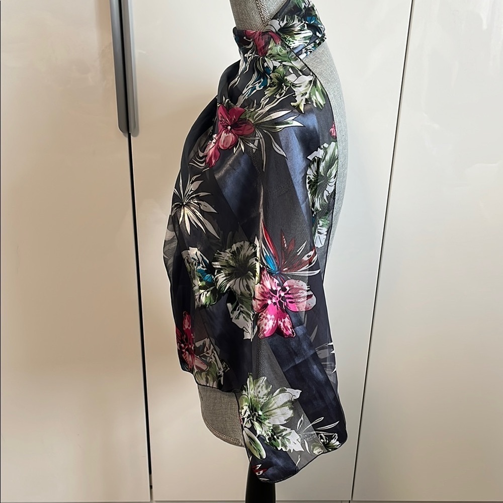 NWOT Pink Floral Patterned Black Striped Scarf Silk Feel, 59x13 inch - Picture 4 of 7